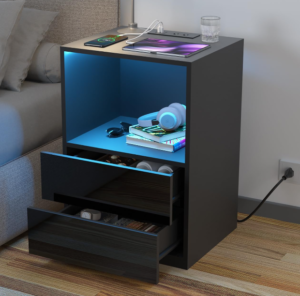 HOMMPA Open Shelf LED Nightstand with Charging Station