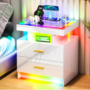 Modern Nightstand with Wireless Charging and LED Lighting