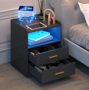 dnbss Black LED Nightstand with Charging Station